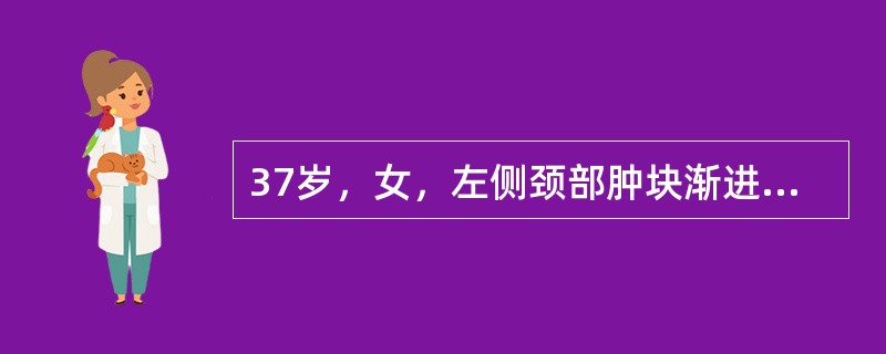 37岁，女，左侧颈部肿块渐进性增大，无压痛，局部皮温不高，CT、MRI扫描如图所示，正确的描述或诊断是()<img border="0" style="width: