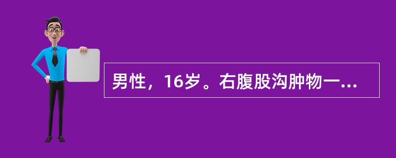 男性，16岁。右腹股沟肿物一年，无疼痛。查体：右腹股沟内侧肿物2cm×2cm，无触痛，平卧可消失，右侧外环口直径2cm，松弛。此病人应首先考虑诊断