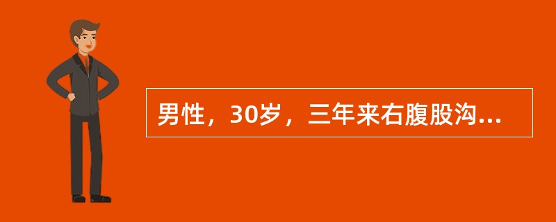 男性，30岁，三年来右腹股沟部出现可复性包块，突然右下腹痛伴呕吐1天，腹痛阵发性加重，发病后无排便排气。检查：全腹不胀，无肠型，右下腹部压痛，无反跳痛，肠鸣音稍亢进，偶可闻及气过水声，右腹股沟可扪及2