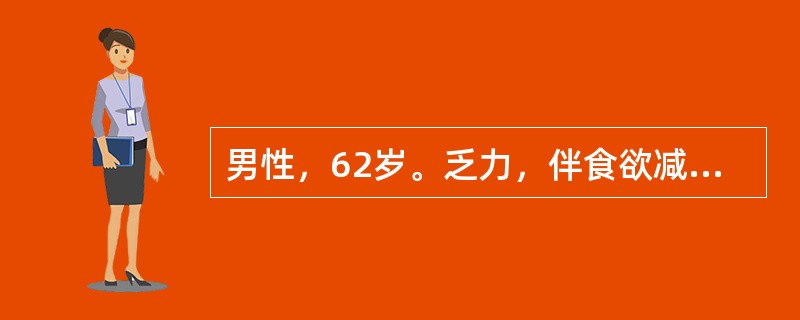 男性，62岁。乏力，伴食欲减退半年余，体重下降约11kg，间断出现黑便。数小时前，突然呕吐暗红色血液，量约300ml。查体：上腹部饱满，轻压痛，肝脾未触及，移动性浊音(-)。该患者最可能是