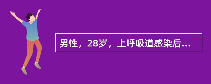 男性，28岁，上呼吸道感染后2周，出现肉眼血尿、颜面浮肿入院，体检：血压20／13．5kPa(150／100mmHg)，尿蛋白(+)，红细胞满视野，血Cr180μmol／L。提示：24小时尿量1000
