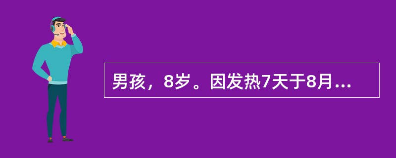 男孩，8岁。因发热7天于8月份入院。体检：表情淡漠，躯干部散在数枚淡红色斑丘疹，咽不红，颈部淋巴结数枚，黄豆大小，心肺无异常。腹胀、肝肋下3cm，脾肋下2cm。实验室检查，WBC7×10<img