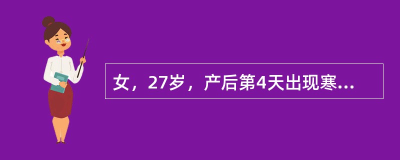 女，27岁，产后第4天出现寒战、高热、腰痛、尿痛、下腹痛，肾区有叩击痛，耻骨上压痛(+)，尿白细胞30个/HP，尿蛋白+，血常规：WBC18×10<img border="0"