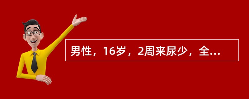 男性，16岁，2周来尿少，全身浮肿明显，尿蛋白定量5g／d，血浆白蛋白18g／L，尿沉渣镜检有红细胞3～5／HP，有透明管型，偶见颗粒管型，血红蛋白正常，血肌酐正常，血尿素氮10mnol／L。提问：大