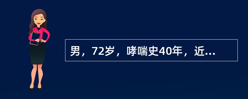 男，72岁，哮喘史40年，近5年来双下肢水肿，近1周来哮喘加重，咳黄痰，白天嗜睡，夜间失眠。如血气分析结果：Ph7.30，PaCO<img border="0" style=