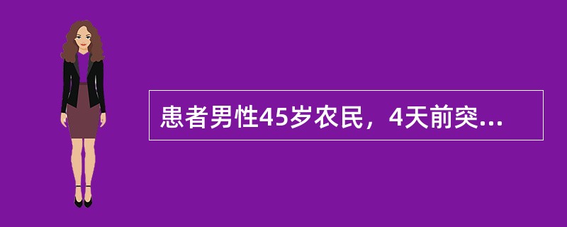 患者男性45岁农民，4天前突起寒战、高热、头痛，全身肌肉痛，尤以腓肠肌明显。后皮肤出现瘀斑瘀点，巩膜黄染，来院就诊。查体：T39℃，BP14／10kPa，巩膜黄染，腹股沟淋巴结肿大，肝大于肋下3cm，