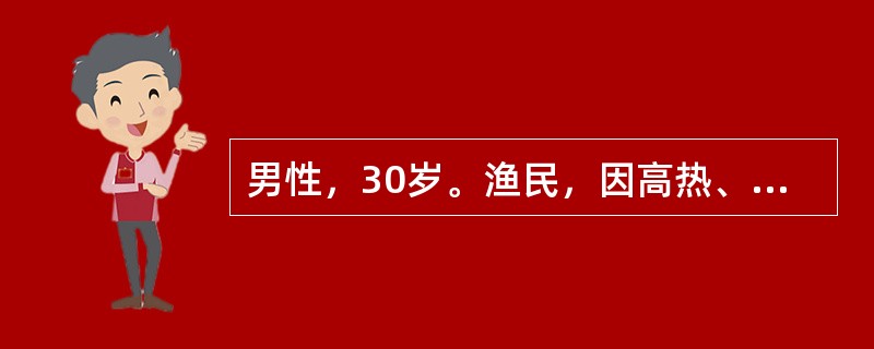 男性，30岁。渔民，因高热、全身酸痛3d，咯血1天于9月10日入院。体检：体温39．2℃，BP13．3／8kPa(100/60mmHg)，稍烦躁，结合膜充血，肺部可闻湿啰音，肝肋下2cm。化验：WBC