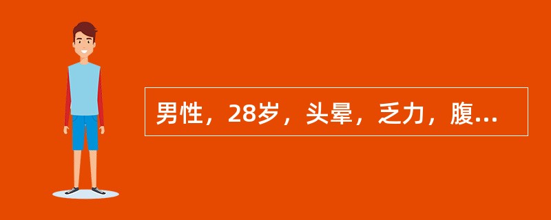 男性，28岁，头晕，乏力，腹胀，食欲减退1年余。体检：中度贫血貌，皮肤、巩膜黄染，脾肋下3cm。实验室检查：RBC2.5×10<img border="0" src=&quo