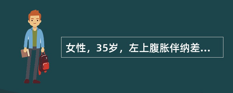 女性，35岁，左上腹胀伴纳差，消瘦乏力两个月。有轻度贫血貌，胸骨轻度压痛，脾脐下4cm，白细胞250×10<img border="0" src="data:ima