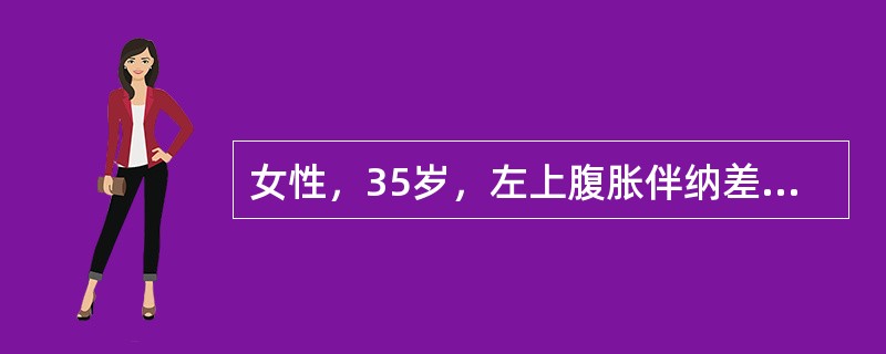 女性，35岁，左上腹胀伴纳差，消瘦乏力两个月。有轻度贫血貌，胸骨轻度压痛，脾脐下4cm。白细胞250×10<img border="0" src="data:ima