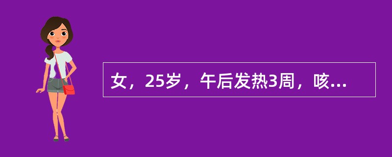 女，25岁，午后发热3周，咳嗽，少量白黏痰。体检：左肩胛间区闻及少量湿啰音。血沉40mm/h，血白细胞10×10<img border="0" src="data: