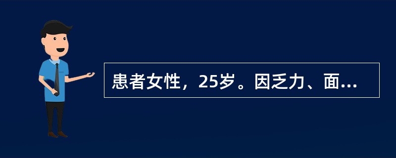 患者女性，25岁。因乏力、面色苍白半个月前来就诊。曾在基层医院诊断为贫血并进行治疗。发病以来无发热、关节痛、脱发等，进食和睡眠稍差，大便正常。查体：T36.5℃，P96次／分，R16次／分，BP110