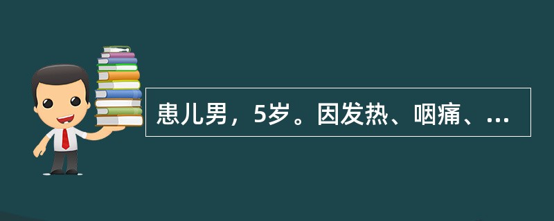 患儿男，5岁。因发热、咽痛、呼吸困难2天入院，查体T38.6℃，心率100次／分，咽部可见一层灰白色膜状物，WBC23×10<img border="0" src="