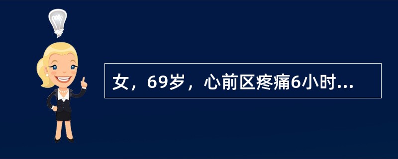女，69岁，心前区疼痛6小时，心电图示急性广泛前壁心肌梗死伴室性早搏。入院体检：气急不能平卧，血压17.5/10.7kPa(130/80mmHg)，心率120次/分，早搏10次/分，并有奔马律，两肺散