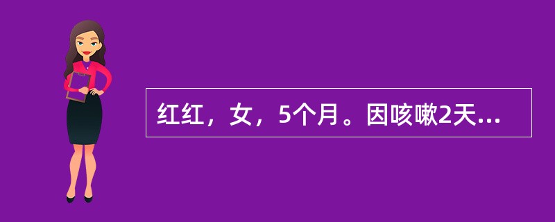 红红，女，5个月。因咳嗽2天，加重1天入院。患儿咳嗽初为干咳，以后有痰，并出现呼吸困难。体格检查：体温39℃，心率152次，呼吸52次/分，体重6kg，面色灰白，精神萎靡，两肺有细湿啰音，诊断为“支气