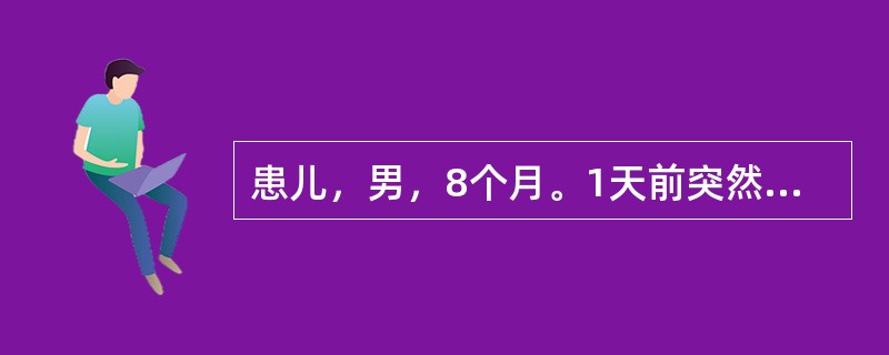 患儿，男，8个月。1天前突然发热，咳嗽，随后呕吐3次，大便稀，每天10余次，呈黄色水样，黏液少，无腥臭味。体检：体温39℃，精神萎靡，皮肤弹性略差，前囟及眼窝凹陷，哭泪少，咽稍充血，心肺检查无异常。大