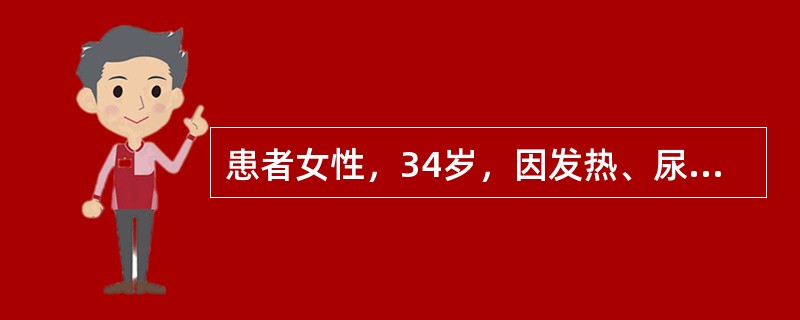 患者女性，34岁，因发热、尿频、尿急、腰痛2天就诊。体温39℃，肾区叩击痛明显。尿常规示：尿蛋白(+)，可见白细胞管型，白细胞满视野，红细胞10～15个/HP。初步诊断急性肾盂肾炎，收住入院治疗。患者
