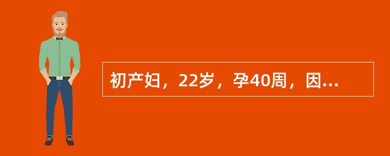 初产妇，22岁，孕40周，因阵发性腹痛10小时入院，阴道检查，宫口开大1cm，5小时后检查宫口开大2cm，先露-3。宫缩时，宫底部不强，子宫下段较强，宫缩间歇时子宫壁不能完全松弛，产妇自诉下腹部持续疼