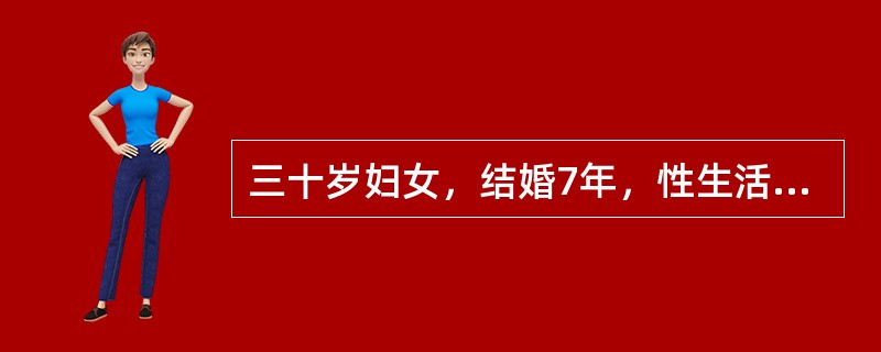 三十岁妇女，结婚7年，性生活正常，青春期开始月经不调。近3年来，月经周期35～45日，经量少。基础体温单相。未避孕亦未怀孕。精液常规和输卵管造影等检查均未发现异常。超声发现子宫底浆膜层直径5cm直径的