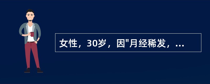 女性，30岁，因"月经稀发，结婚3年不孕，促排卵治疗6个月"就诊。平素月经周期不规则，2~6月，闭经6个月，用黄体酮后才"来潮"。既往未患任何疾病，家族中无不孕