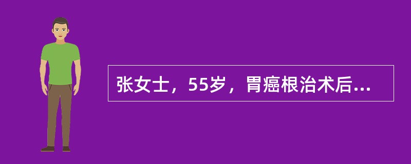 张女士，55岁，胃癌根治术后1天，经鼻肠管采用重力滴注法行早期肠内营养支持，80滴／分。查体发现：T37.8℃，P82次／分，R20次／分，BP110/68mmHg。病人精神焦虑，主诉恶心、腹胀，考虑