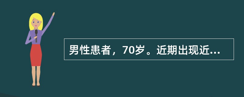 男性患者，70岁。近期出现近事记忆受损，智能减退，难以胜任简单家务劳动，不能正确回答自己亲人的名字与年龄，但尚能记住自己的名字，饮食不知饥饱，外出找不到家门，举止幼稚，不知羞耻等主要表现。患者经CT检