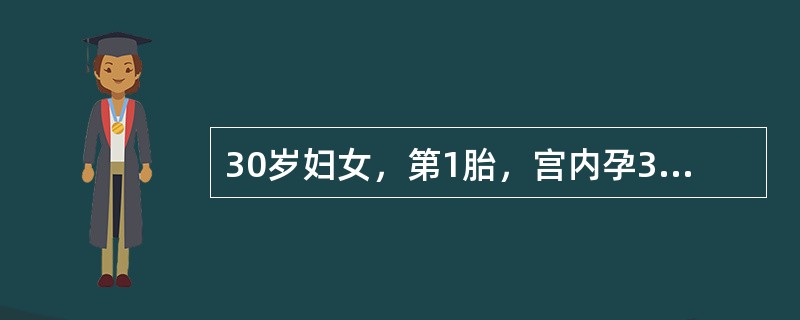 30岁妇女，第1胎，宫内孕34周。有原发性高血压，合并妊娠高血压综合征。3小时前突然腹痛，阴道流血，色鲜红如月经量。检查血压70/40mmHg，脉搏110次／分，宫底在剑突下2指，子宫硬，肌壁松弛不完