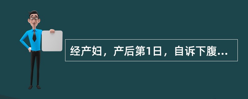 经产妇，产后第1日，自诉下腹痛。查有低热，出汗，咽无充血，无恶心、呕吐、腹泻，脐下2横指处触及一硬块上界，白细胞10×10<img src="https://img.zhaotiba.