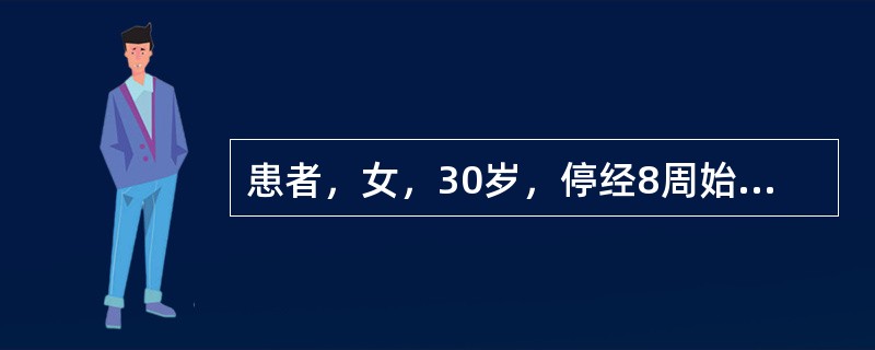 患者，女，30岁，停经8周始出现厌食，恶心，1周后呕吐频繁，不能进食，近2天饮水也吐，无发热，精神萎靡。妇科检查：宫体如妊娠10周大小，质软，双侧附件有囊性肿物。实验室检查：妊娠试验(+)。诊断明确后