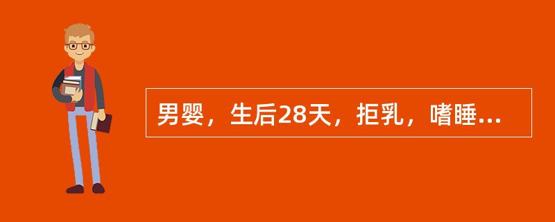 男婴，生后28天，拒乳，嗜睡3天，体温39.2℃，面色青灰，前囟张力高，双眼凝视入院。该患儿最可能的诊断是