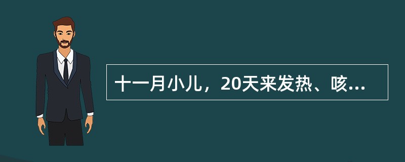 十一月小儿，20天来发热、咳嗽、呼吸促、1周来嗜睡、烦躁、厌食、间断呕吐、查体：体温、38.8℃，嗜睡，营养差、前囟膨隆，颈抵抗不明显，PPD实验（一），脑脊液检查WBC升高，外观。呈毛玻璃状，糖和氯