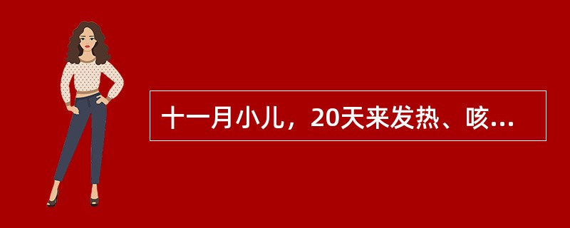 十一月小儿，20天来发热、咳嗽、呼吸促、1周来嗜睡、烦躁、厌食、间断呕吐、查体：体温、38.8℃，嗜睡，营养差、前囟膨隆，颈抵抗不明显，PPD实验（一），脑脊液检查WBC升高，外观。呈毛玻璃状，糖和氯