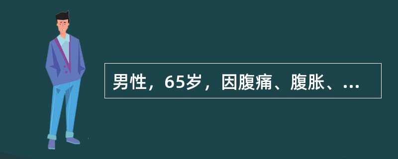 男性，65岁，因腹痛、腹胀、呕吐、停止排气排便18小时来诊。查体：T37℃，P78次／分，R19次／分，BP116/74mmHg。急性病容，唇舌干燥，眼窝凹陷，皮肤弹性差。全腹膨隆，可见肠型和蠕动波，