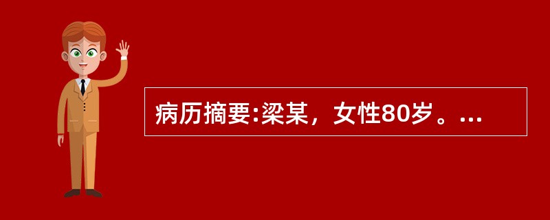 病历摘要:梁某，女性80岁。患者有中风病史2年。糖尿病4年，一周前开始不欲进食，每次咀嚼食物后吐出，每日饮少许温开水，无呕吐。入院时神智模糊、嗜睡、呼之可应，双下肢轻度浮肿，四肢活动障碍。右侧臀部见一