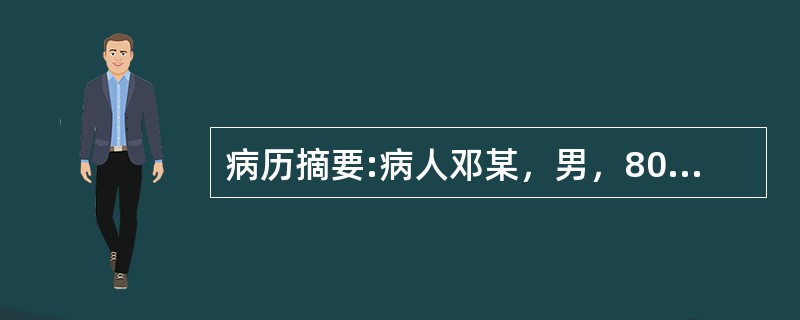 病历摘要:病人邓某，男，80岁，因“突发左侧肢体乏力1小时”拟诊断为右侧额项叶脑出血入院。入院症见：不省人事，双侧瞳孔等大等圆，直径为2.5mm，右侧对光反射灵敏，左侧对光反射迟钝，左侧肢体偏瘫，痰多