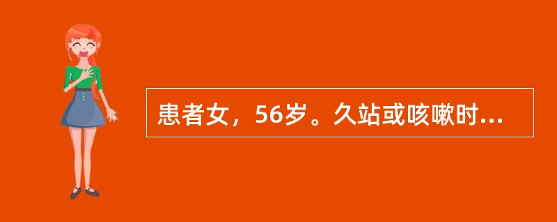 患者女，56岁。久站或咳嗽时左腹股沟区胀痛1年。慢性支气管炎病史3年，近1个月咳嗽加重。查体：站立时左腹股沟韧带下方内侧有一突起的半球形包块，平卧时缩小，咳嗽时无明显冲击感。首先要考虑的诊断是
