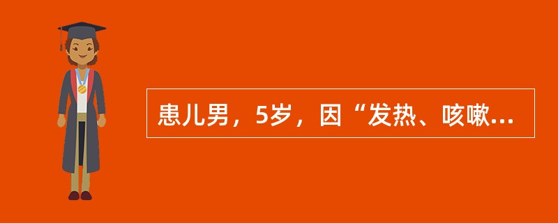 患儿男，5岁，因“发热、咳嗽2周”来诊。体温38～39℃，咳嗽、咳黄痰，痰中带血丝，予头孢他定治疗，未见明显好转。既往分别于3岁和4岁患右下肺炎1次。查体：T38.5℃，P110次/min，R30次/