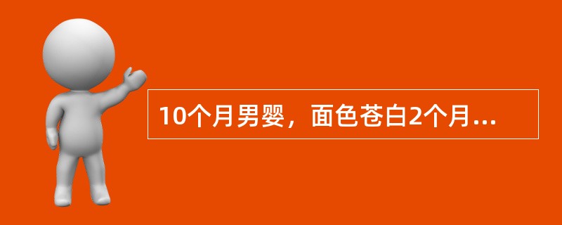 10个月男婴，面色苍白2个月，母乳喂养，未断奶，间加辅食，平时易感冒，浅表淋巴结不大，心尖收缩期Ⅱ级杂音，肺（-），肝、脾肋下未及。外周血RBC3.8×10<img border="0