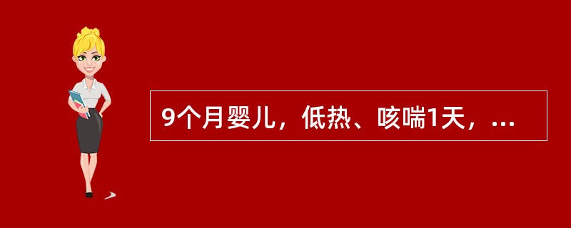 9个月婴儿，低热、咳喘1天，吃奶时呛咳，哭闹时口周轻度发绀。查体:体温38℃，精神及面色尚可，呼吸50次／分，节律规整，呼气延长，两肺闻及多量哮鸣音，心率160次／分，心音有力，肝肋下2.5cm。患儿