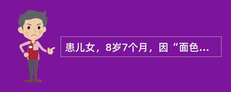 患儿女，8岁7个月，因“面色苍白、咳嗽4年，加重伴血尿6个月”来诊。病程中反复咳嗽，偶有痰中带血，1周前出现肉眼血尿，眼睑水肿，进行性少尿。查体：BP90/65mmHg；贫血貌，眼睑水肿，无皮疹，无淋