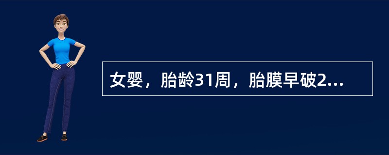 女婴，胎龄31周，胎膜早破21小时，顺产，出生体重1500g，生后4小时出现呼吸急促、呻吟及发绀，并进行性加重，而且伴呼吸暂停2次。查体：呼吸促，三凹征阳性，双肺呼吸音低，心率150次/分，四肢肌张力