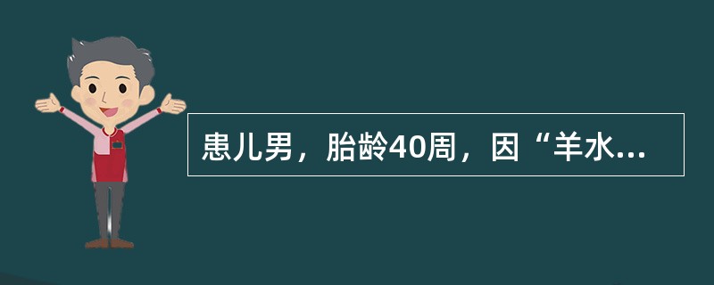 患儿男，胎龄40周，因“羊水胎粪污染，胎心减慢”行剖宫产。Apgar评分：生后1min2分；经清理呼吸道，面罩皮囊加压给氧后5min8分。复苏后转入NICU病区。查体：T36.5℃，P156次/min