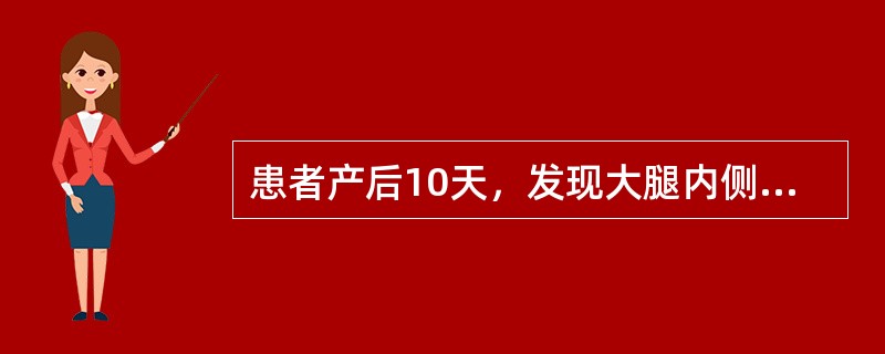 患者产后10天，发现大腿内侧外深部有肿块，皮色微红，疼痛，发热。小腹隐隐作痛，苔薄黄，脉数微涩。内治法可用