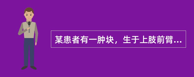 某患者有一肿块，生于上肢前臂部，呈半球形隆起，质地柔软，状如海绵，皮色紫色，按压肿块可缩小。内治方药为：