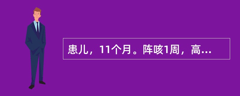 患儿，11个月。阵咳1周，高热2天，伴有喘憋。面色苍白，呼吸急促。查体：体温39℃，心率160次/分，呼吸50次/分，两肺闻及少量细湿啰音。胸片示右上肺小片状阴影。提示：患儿病情继续加重，高热不退，精