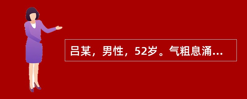 吕某，男性，52岁。气粗息涌，喉间痰呜如吼，痰黄质粘，难以咯出，烦闷不安，口苦，口渴喜饮，舌红苔黄，脉滑数。若肺热内盛，口渴较甚，喜饮，口苦，烦躁不安，汗出，面赤，舌红，可加