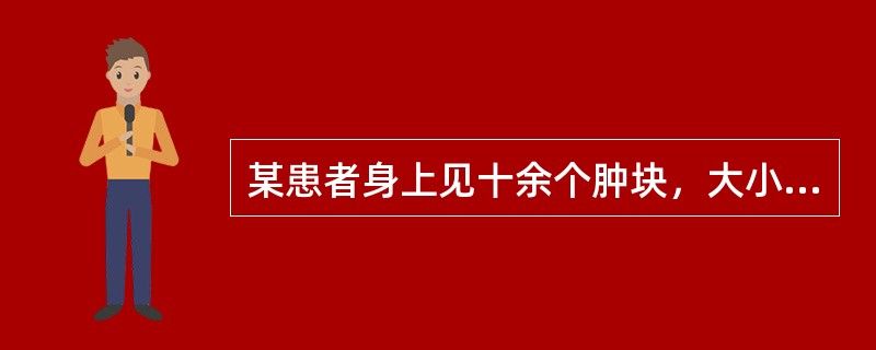 某患者身上见十余个肿块，大小不一，质地柔软，表面光滑，有囊性感，可压入皮下，放手随即弹起。内治方药为：