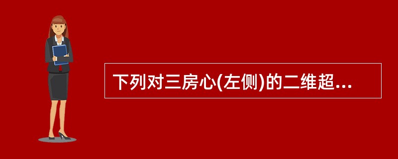 下列对三房心(左侧)的二维超声显像所见的叙述，哪一项是错误的