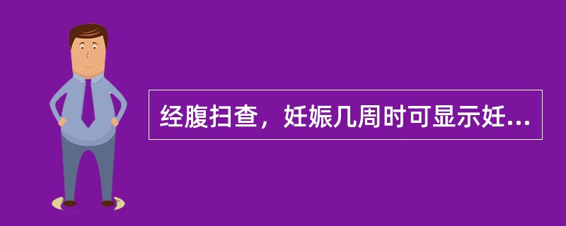 经腹扫查，妊娠几周时可显示妊娠囊结构
