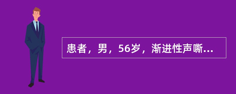 患者，男，56岁，渐进性声嘶3个月，伴憋气、呼吸困难5小时急诊入院。门诊资料：缺；专科检查：患者有发绀，三凹征明显，呈典型吸气性呼吸困难，紧急监护，心率加快，血氧饱和度85%。患者明确最后诊断最有效的